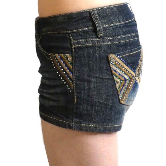 Hot Kiss Sz 5 Shorts Hot Pants Navy Blue Denim Jean Cici Distressed Pockets - Picture 3 of 11